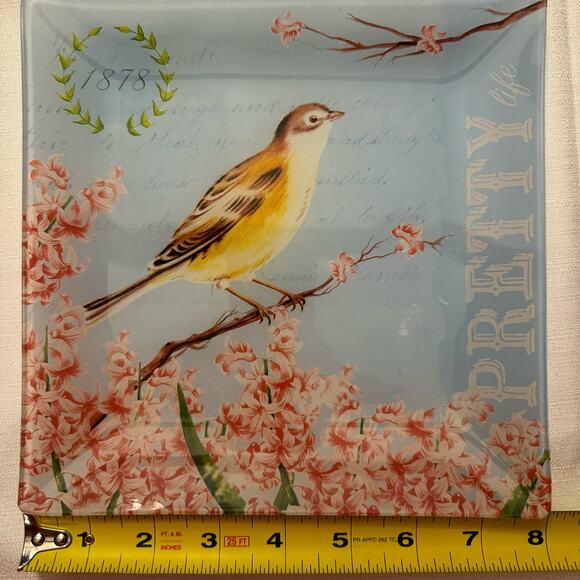 Pretty Life Bird Floral Glass Square Plates Set of 3 Decorative 7" Vintage Style - Picture 4 of 5